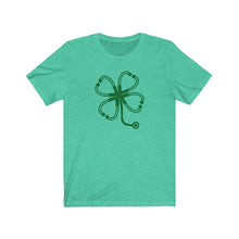 Load image into Gallery viewer, Shamrock Four Leaf Clover Stethoscope Unisex Jersey Short Sleeve Tee - Lili White Creations 