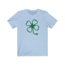 Load image into Gallery viewer, Shamrock Four Leaf Clover Stethoscope Unisex Jersey Short Sleeve Tee - Lili White Creations 