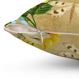 Tan Sunflower and DragonFly Spun Polyester Square Pillow Case