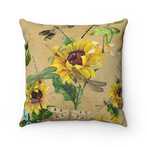 Tan Sunflower and DragonFly Spun Polyester Square Pillow Case