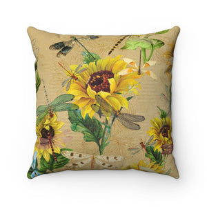 Tan Sunflower and DragonFly Spun Polyester Square Pillow Case