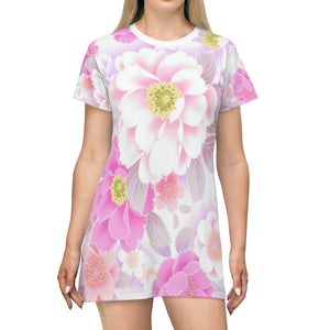 Pink and White Floral All Over Print T-Shirt Dress - Lili White Creations 