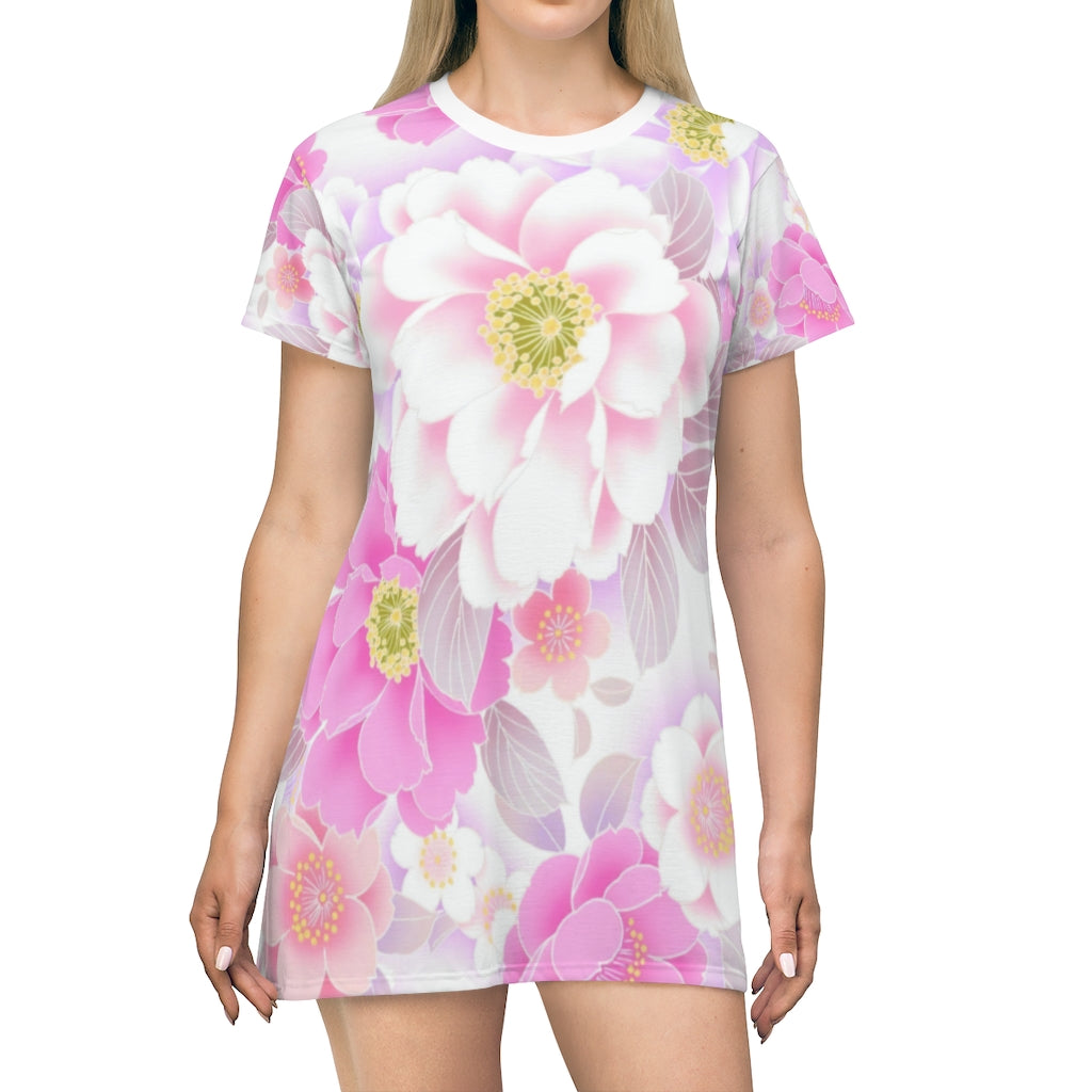 Pink and White Floral All Over Print T-Shirt Dress - Lili White Creations 