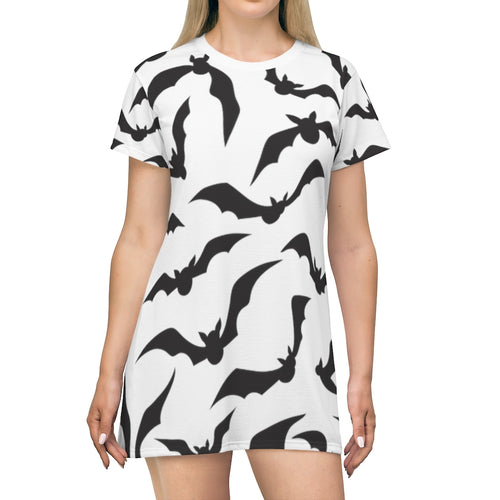 Black and White Bat All Over Print T-Shirt Dress - Lili White Creations 