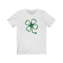 Load image into Gallery viewer, Shamrock Four Leaf Clover Stethoscope Unisex Jersey Short Sleeve Tee - Lili White Creations 