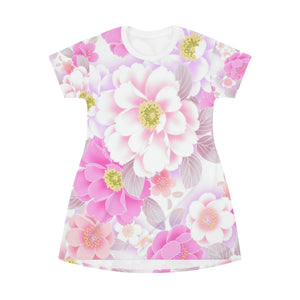 Pink and White Floral All Over Print T-Shirt Dress - Lili White Creations 