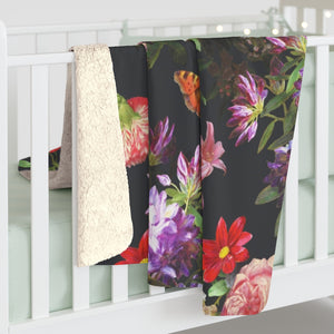 Black and Multi Color Floral Sherpa Fleece Blanket - Lili White Creations 